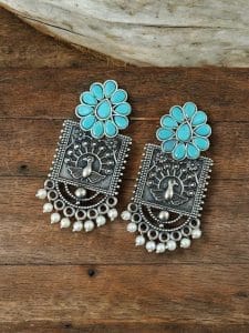 Silver Replica Peacock Stud Earrings | Unique Antique Stone Studs - Color: "Aqua"