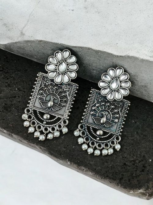 Silver Replica Peacock Stud Earrings | Unique Antique Stone Studs