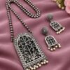 Antique Floral Art Pendant Set | Silver Replica Necklace With Matching Earrings 19 Antique Floral Art Pendant Set featuring a silver replica necklace with intricate floral design and matching earrings.