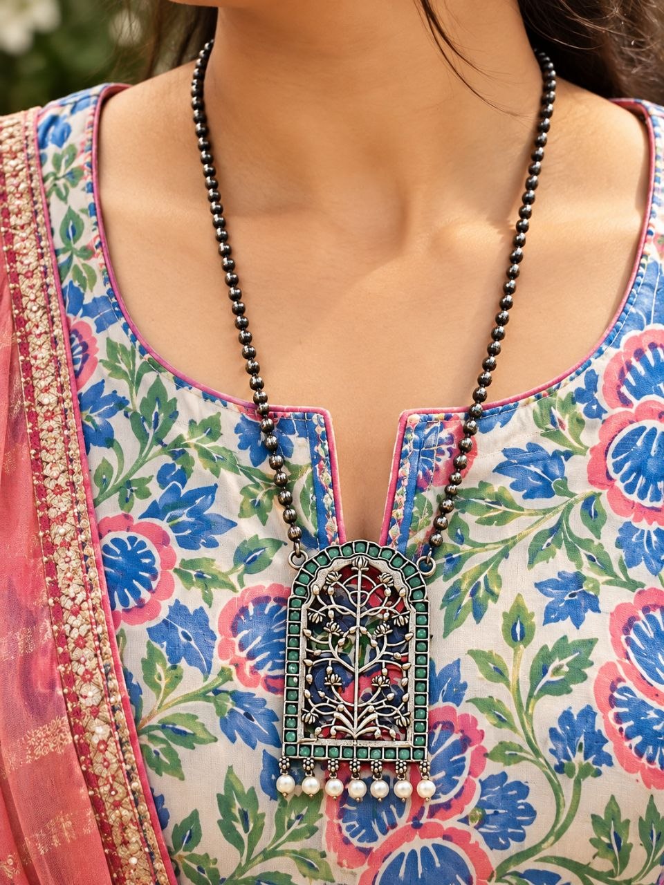 Antique Floral Art Pendant Set | Silver Replica Necklace With Matching Earrings 5 Antique Floral Art Pendant Set featuring a silver replica necklace with intricate floral design and matching earrings.