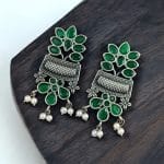 Silver Replica Earring | Antique Touch Oxidised Stud | Unique Silver Jewelry - "Green"