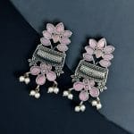 Silver Replica Earring | Antique Touch Oxidised Stud | Unique Silver Jewelry - "Babypink"