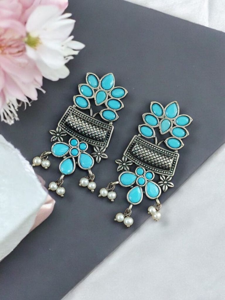 Bulk 786 Silver Replica Earring | Antique Touch Oxidised Stud | Unique Silver Jewelry - "Aqua"