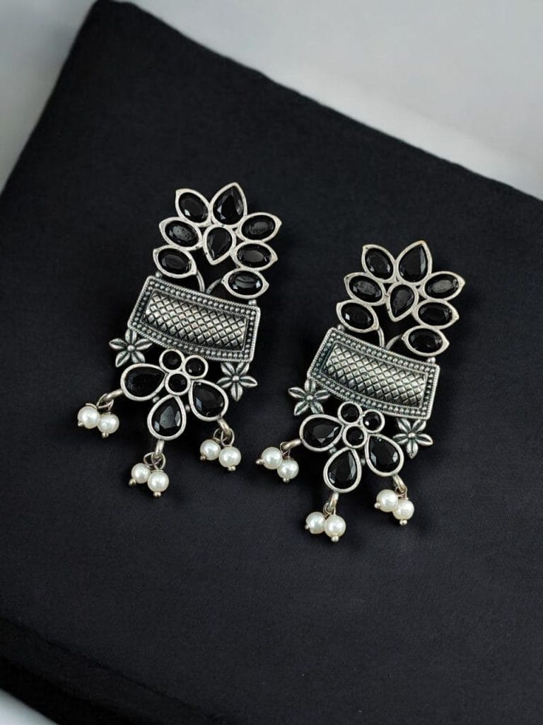 Bulk 784 Silver Replica Earring | Antique Touch Oxidised Stud | Unique Silver Jewelry - "Black"