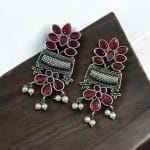 Silver Replica Earring | Antique Touch Oxidised Stud | Unique Silver Jewelry - "Red"