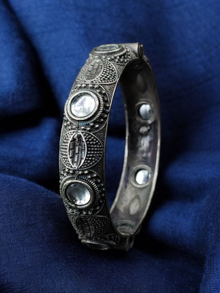 Bulk 776 Elegant Silver Bracelet | Oxidized Stone Kada | Best Openable Style Bangle - "White"