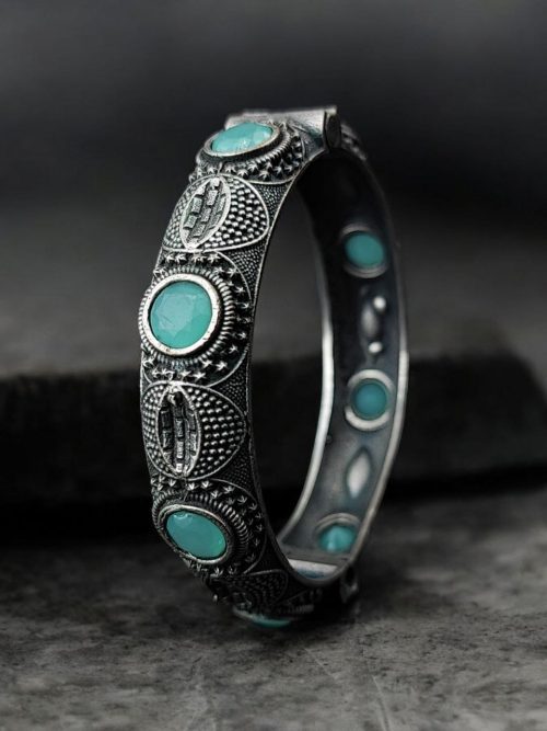 Elegant Silver Bracelet | Oxidized Stone Kada | Openable Style Bangle