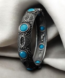 Elegant Silver Bracelet | Oxidized Stone Kada | Openable Style Bangle