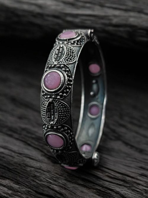 Elegant Silver Bracelet | Oxidized Stone Kada | Openable Style Bangle