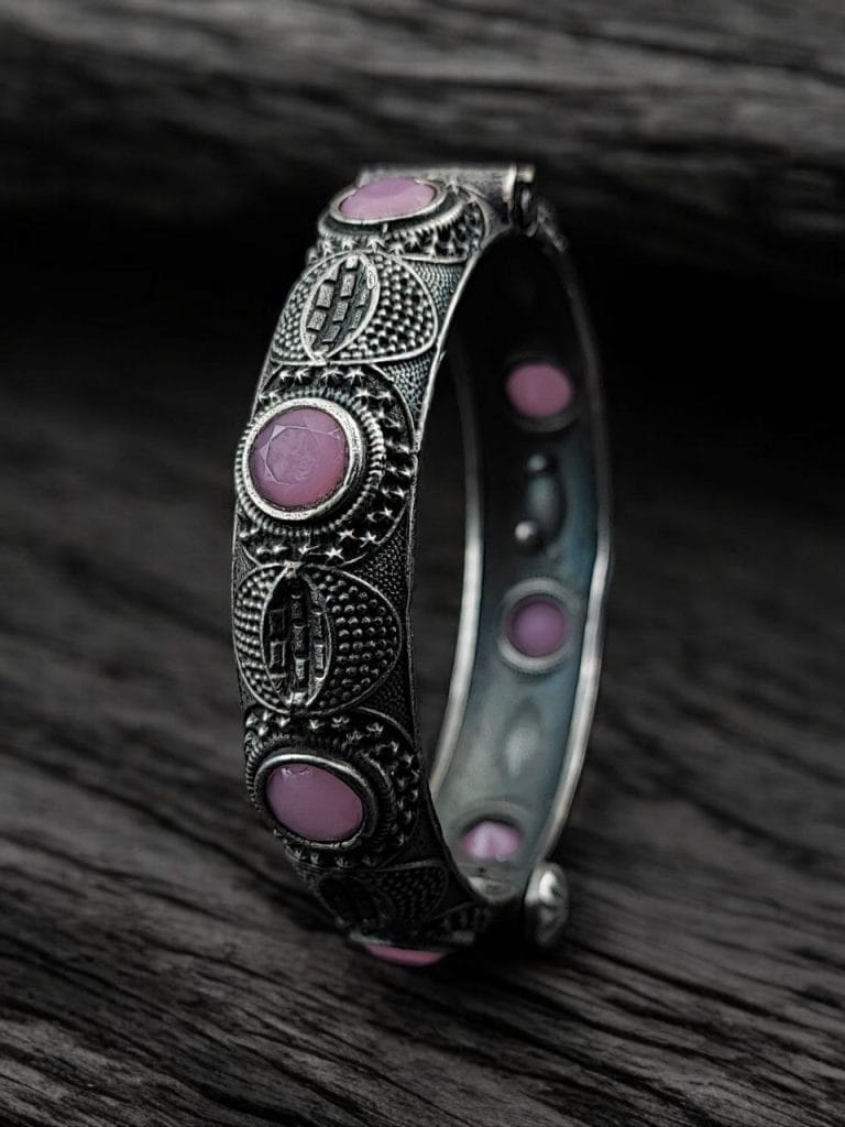 Bulk 778 Elegant Silver Bracelet | Oxidized Stone Kada | Best Openable Style Bangle - "Babypink"