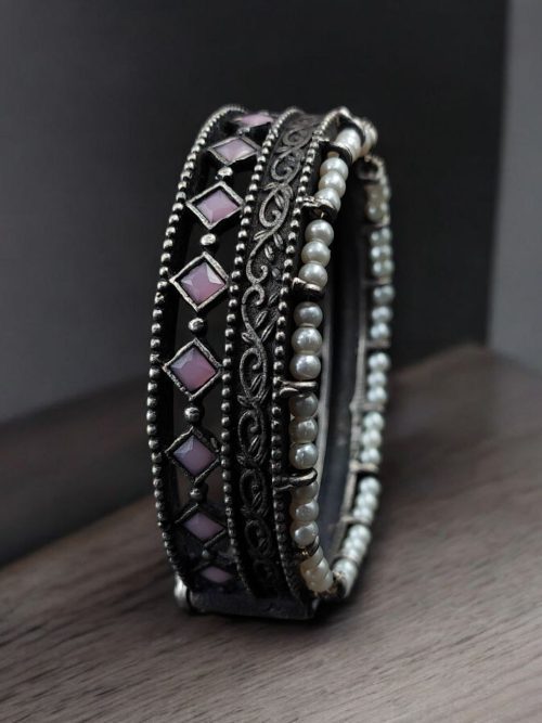 Antique Oxidized Kada / Bracelet With Pearl Work | Silver Plated Bangle