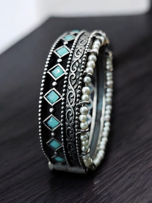 Antique Oxidized Kada / Bracelet With Pearl Work | Silver Plated Bangle