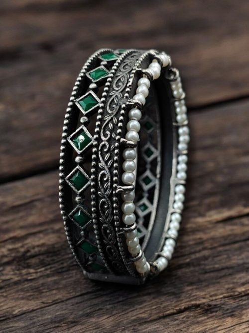 Antique Oxidized Kada / Bracelet With Pearl Work | Silver Plated Bangle
