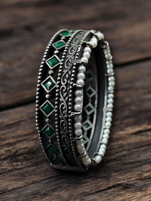 Antique Oxidized Kada / Bracelet With Pearl Work | Silver Plated Bangle