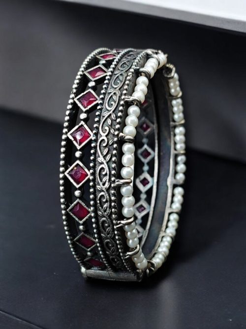 Antique Oxidized Kada / Bracelet With Pearl Work | Silver Plated Bangle
