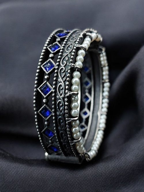 Antique Oxidized Kada / Bracelet With Pearl Work | Silver Plated Bangle