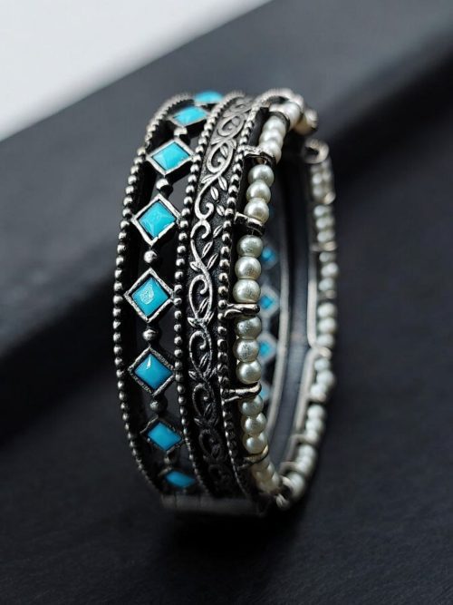 Antique Oxidized Kada / Bracelet With Pearl Work | Silver Plated Bangle