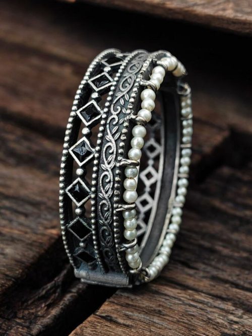 Antique Oxidized Kada / Bracelet With Pearl Work | Silver Plated Bangle
