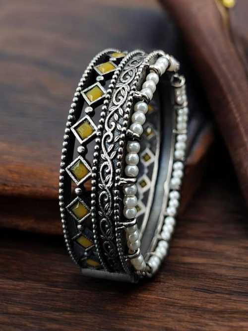 Antique Oxidized Kada / Bracelet With Pearl Work | Silver Plated Bangle