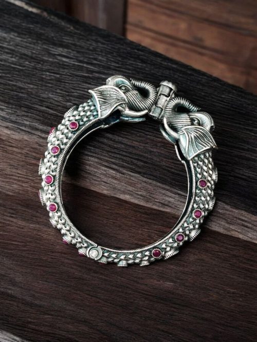 Silver Replica Designer Elephant Bracelet / Kada | Oxidized Bangles