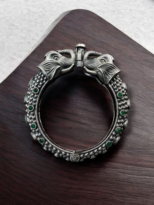 Silver Replica Designer Elephant Bracelet / Kada | Oxidized Bangles