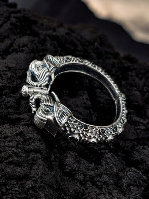 Silver Replica Designer Elephant Bracelet / Kada | Oxidized Bangles