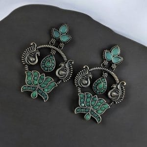 Peacock Design Earrings | Unique Stone Work Dangler Stud Jewelry - Color: "Mint"