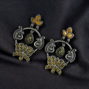 Peacock Design Earrings | Unique Stone Work Dangler Stud Jewelry - Color: "Yellow"