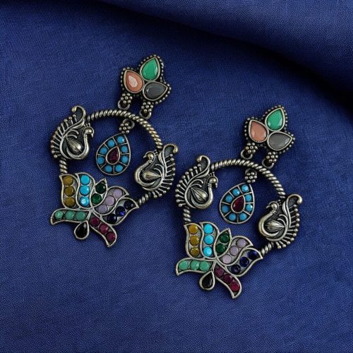 Peacock Design Earrings | Unique Stone Work Dangler Stud Jewelry