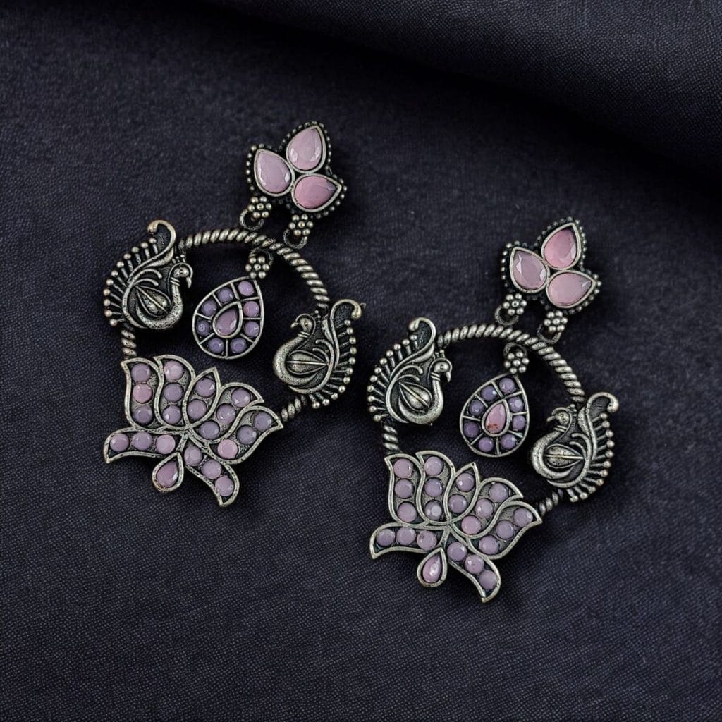 Bulk 768 Peacock Design Earrings | Unique Stone Work Dangler Stud Jewelry - "Babypink"