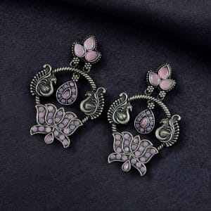 Peacock Design Earrings | Unique Stone Work Dangler Stud Jewelry - Color: "Babypink"