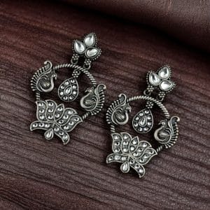 Peacock Design Earrings | Unique Stone Work Dangler Stud Jewelry - Color: "White"