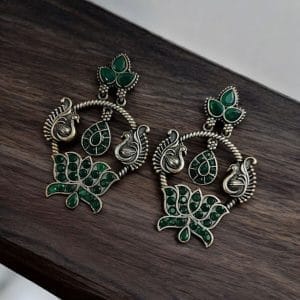 Peacock Design Earrings | Unique Stone Work Dangler Stud Jewelry - Color: "Green"