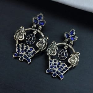 Peacock Design Earrings | Unique Stone Work Dangler Stud Jewelry - Color: "Blue"