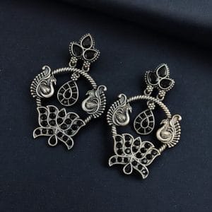 Peacock Design Earrings | Unique Stone Work Dangler Stud Jewelry - Color: "Black"