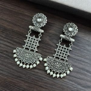 Oxidised Dangler Earrings | Best Silver Replica Antique Finsh Studs - Color: "White"
