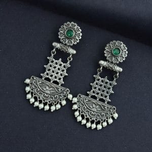 Oxidised Dangler Earrings | Best Silver Replica Antique Finsh Studs - Color: "Green"
