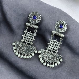 Oxidised Dangler Earrings | Best Silver Replica Antique Finsh Studs - Color: "Blue"