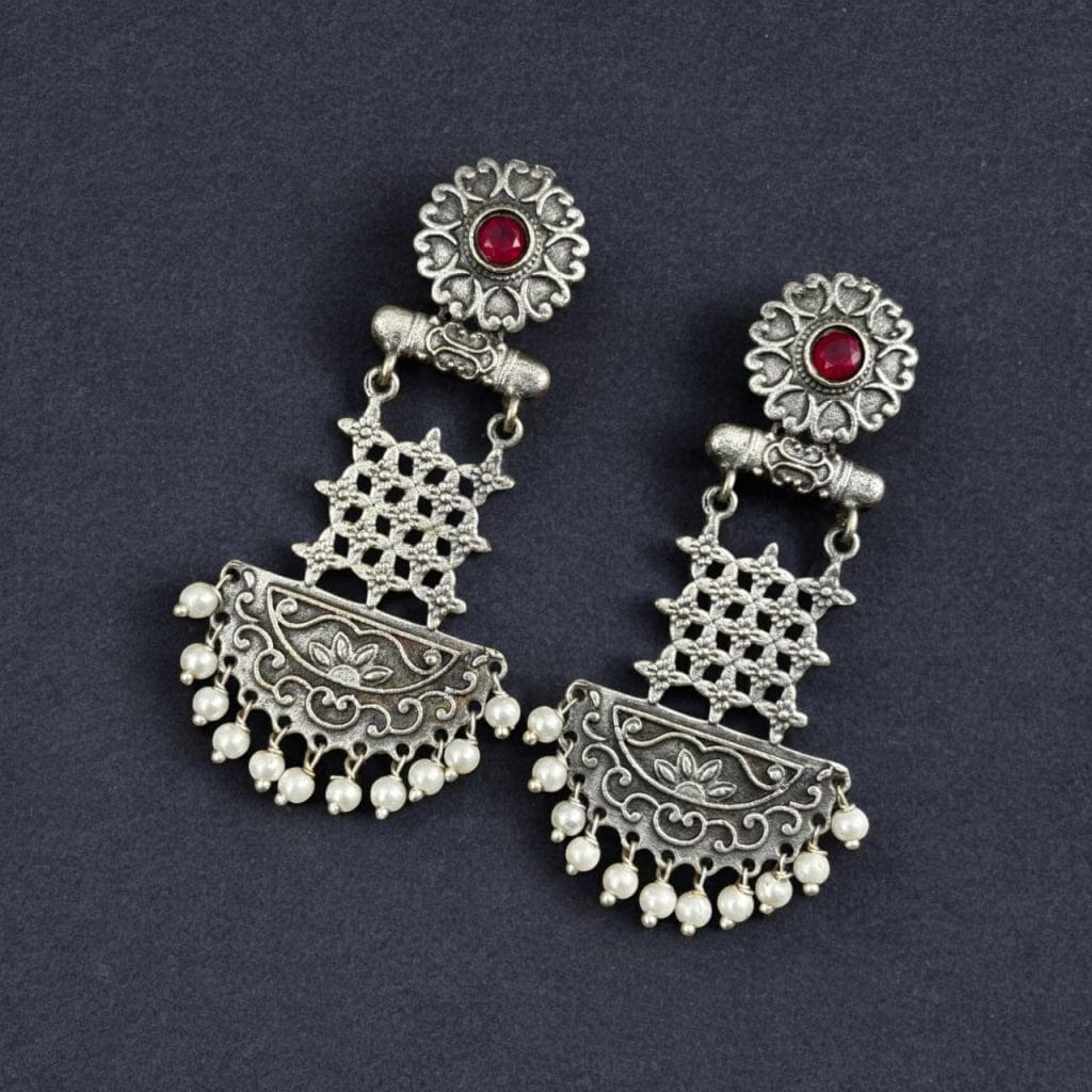 Bulk 730 Oxidised Dangler Earrings | Best Silver Replica Antique Finsh Studs - "Red"