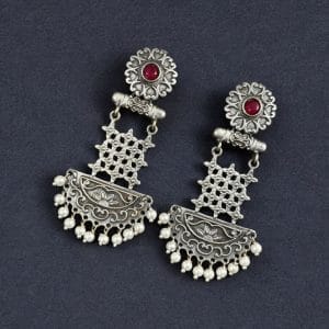 Oxidised Dangler Earrings | Best Silver Replica Antique Finsh Studs - Color: "Red"