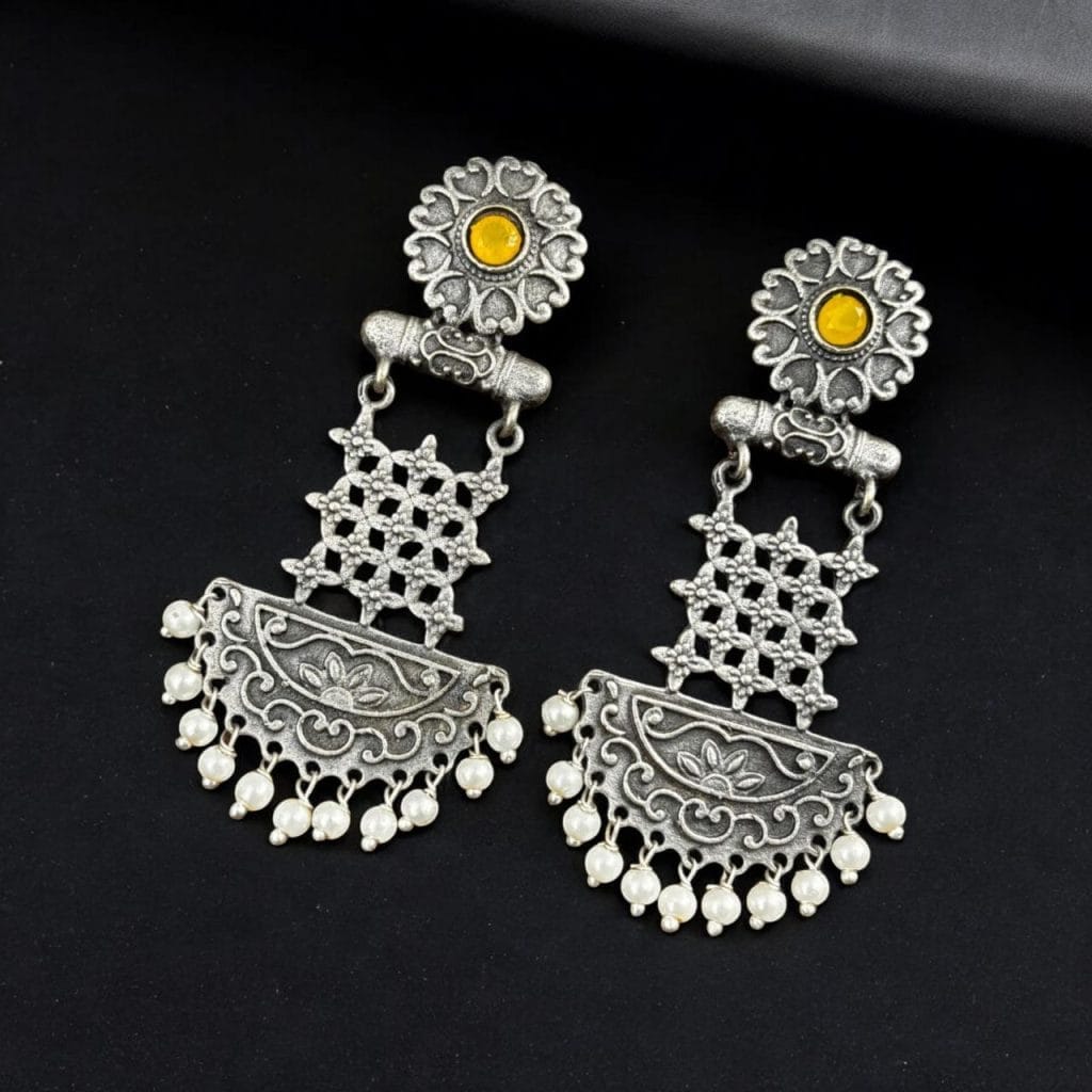 Bulk 728 Oxidised Dangler Earrings | Best Silver Replica Antique Finsh Studs - "Yellow"