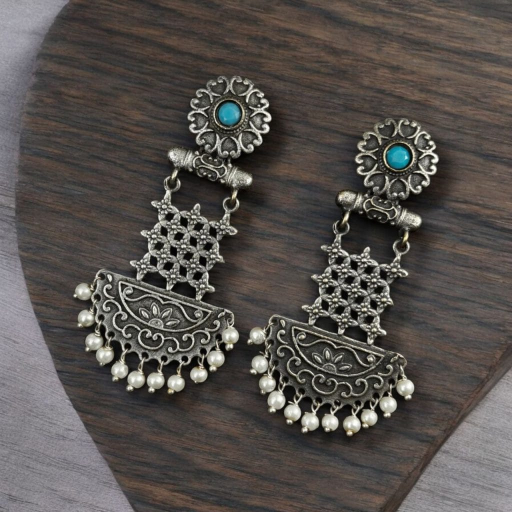Bulk 726 Oxidised Dangler Earrings | Best Silver Replica Antique Finsh Studs - "Aqua"