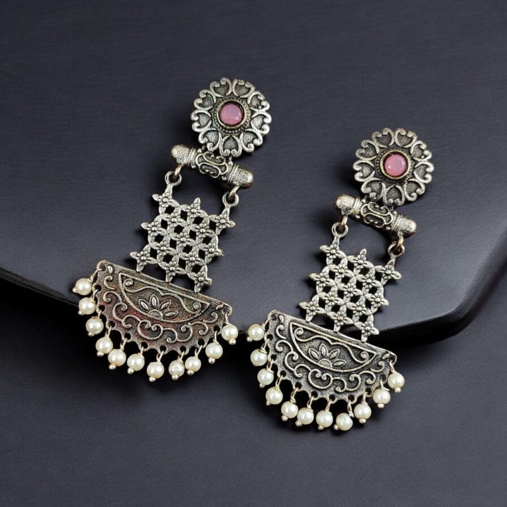 Bulk 722 Oxidised Dangler Earrings | Best Silver Replica Antique Finsh Studs - "Babypink"