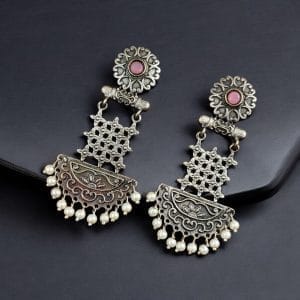 Oxidised Dangler Earrings | Best Silver Replica Antique Finsh Studs - Color: "Babypink"