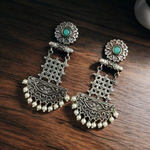 Oxidised Dangler Earrings | Best Silver Replica Antique Finsh Studs - Color: "Mint"