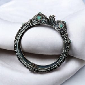 Antique Silver Bracelet | Oxidized Kada with Stone Work | Best Openable Bangle - Color: "Mint"