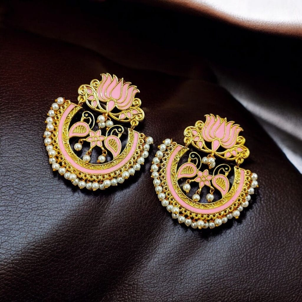 Bulk 696 Elegant Gold Plated Earrings with Meenakari: Contemporary Lotus and Peacock Design - "Babypink"