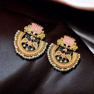 Elegant Gold Plated Earrings with Meenakari: Contemporary Lotus and Peacock Design - Color: "Babypink"