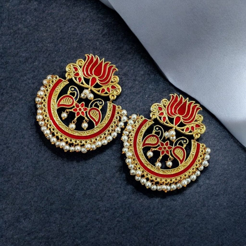 Bulk 694 Elegant Gold Plated Earrings with Meenakari: Contemporary Lotus and Peacock Design - "Red"