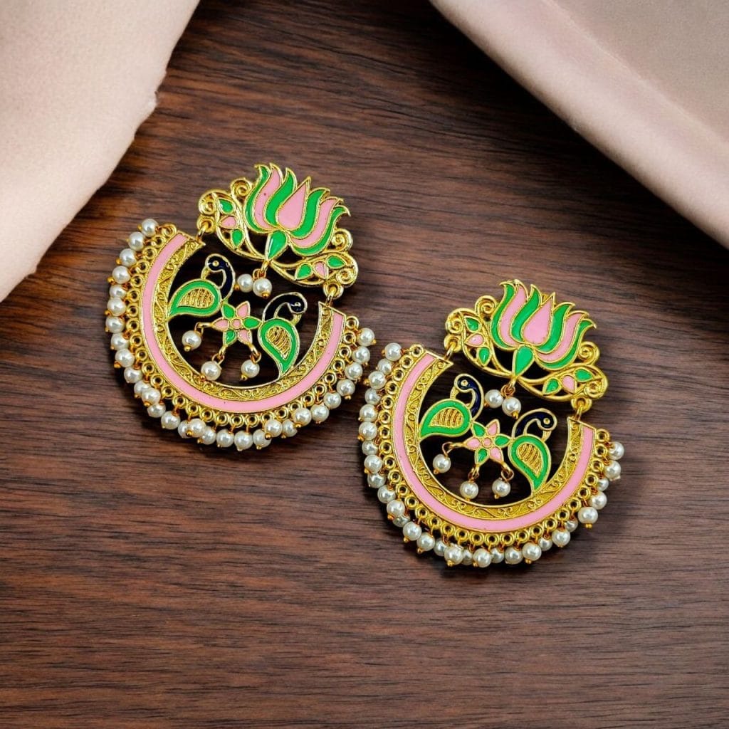 Bulk 692 Elegant Gold Plated Earrings with Meenakari: Contemporary Lotus and Peacock Design - "Babypink-Mint"